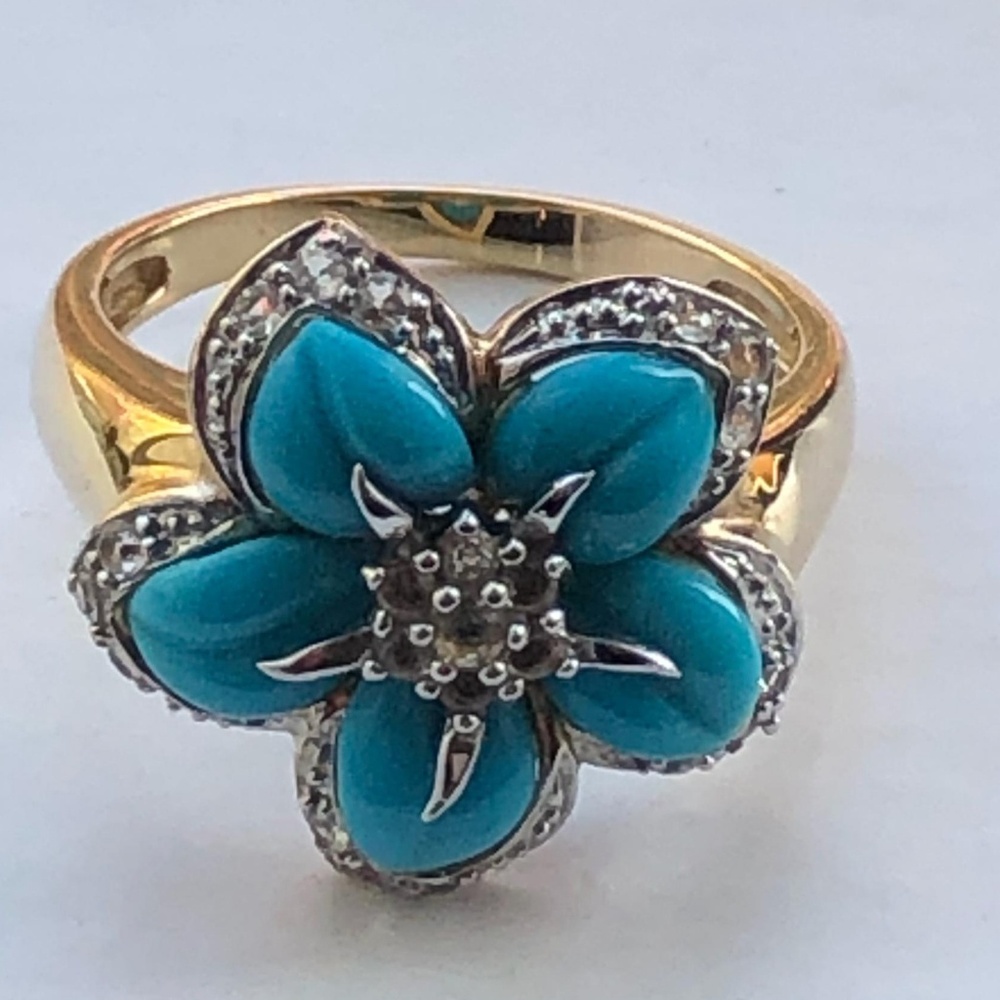 14K Yellow Gold Turquoise White Sapphire Ring
